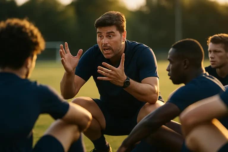 Coach watches players warm up before an international soccer match