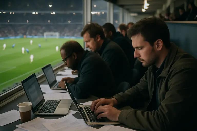 Reporter laptop near a soccer pitch before a live match update