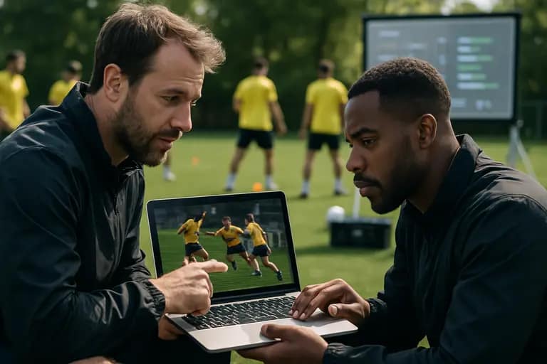Coach reviewing training notes beside a soccer practice field