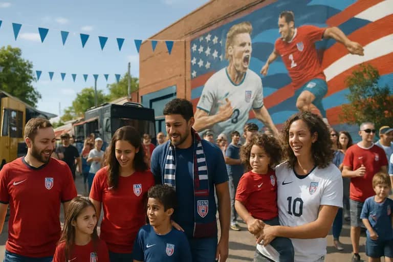 Soccer fans gathering in a plaza outside a stadium before kickoff