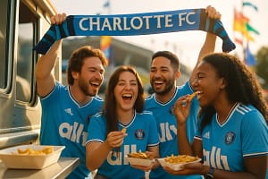Charlotte FC fan engagement scene outside a stadium before a major soccer event
