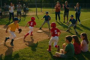 Little League Players warming up on a youth baseball field before tournament play