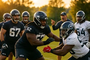 Seahawks Titans joint practice with players running drills on a training camp field