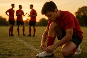 2026 NCAA soccer players competing for a loose ball in a packed college stadium