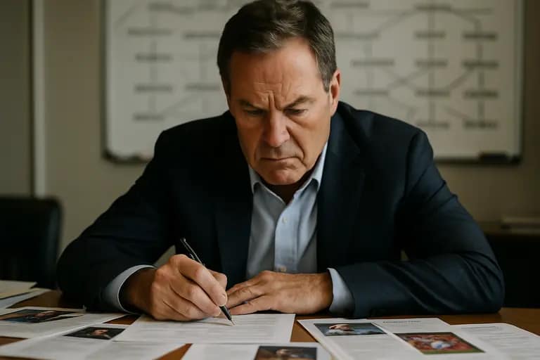 Front office staff studying a soccer squad board in a meeting room