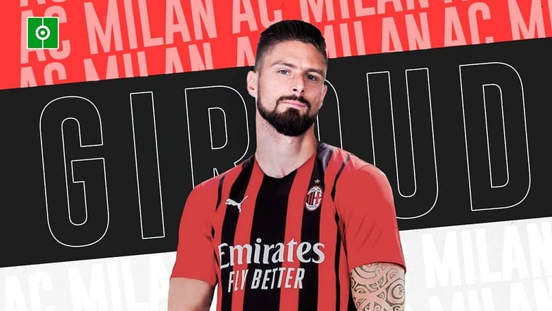 Olivier Giroud in AC Milan kit, close-up headshot