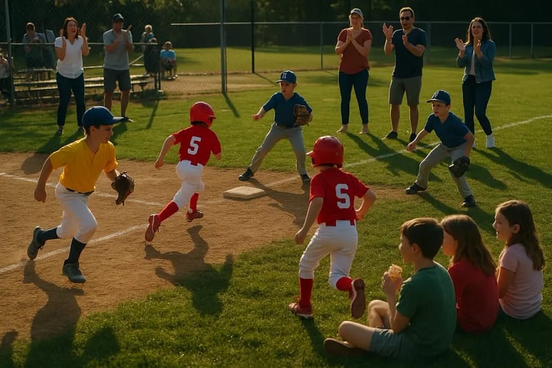 Little League Players warming up on a youth baseball field before tournament play