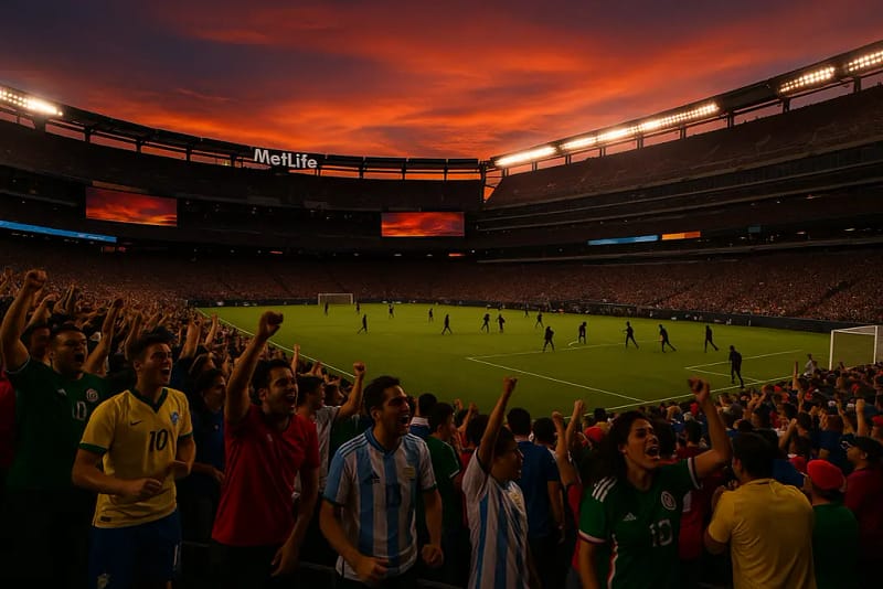 MetLife Stadium final setup with a football pitch prepared for a major soccer match