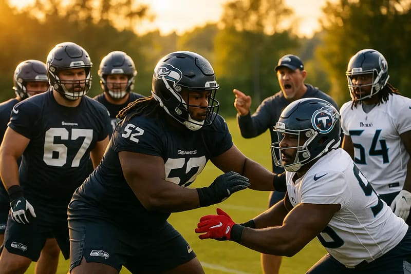 Seahawks Titans joint practice with players running drills on a training camp field