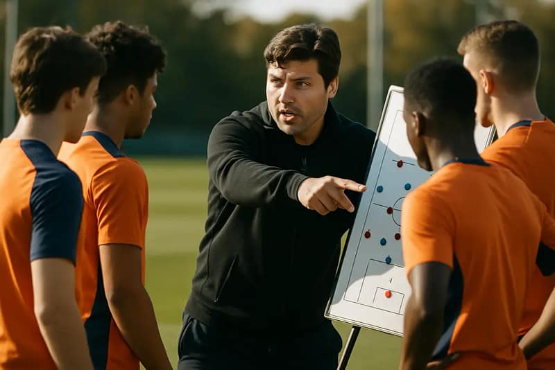 Pochettino USMNT vision session with players listening during training